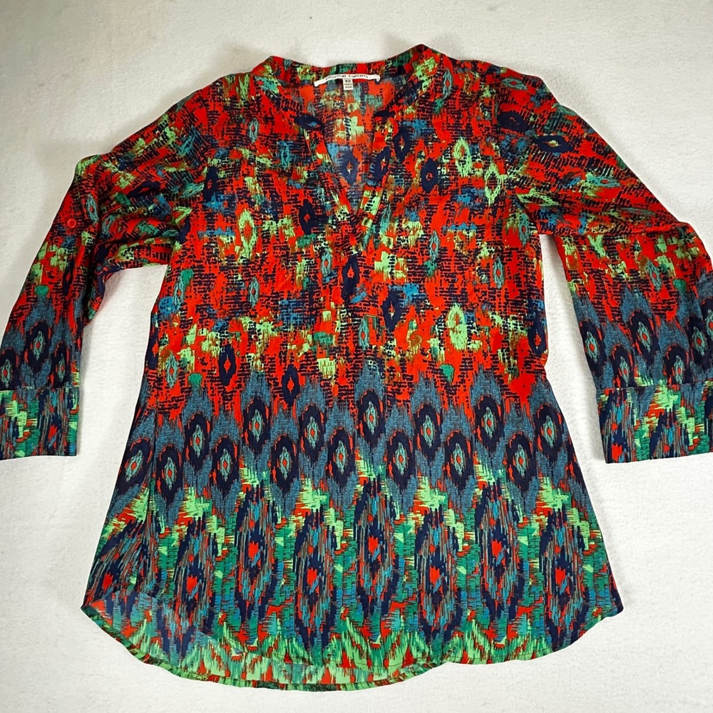 Collective Concepts Women XS Multi Color Print V Neck Bell Sleeve Tunic Blouse
